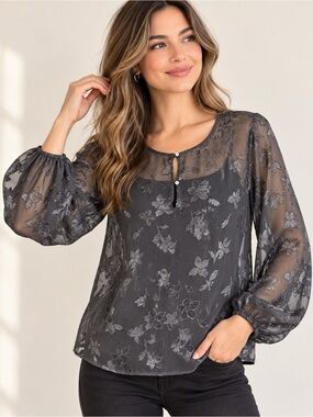 Ellen Tracy Sheer Floral Blouse XL Black